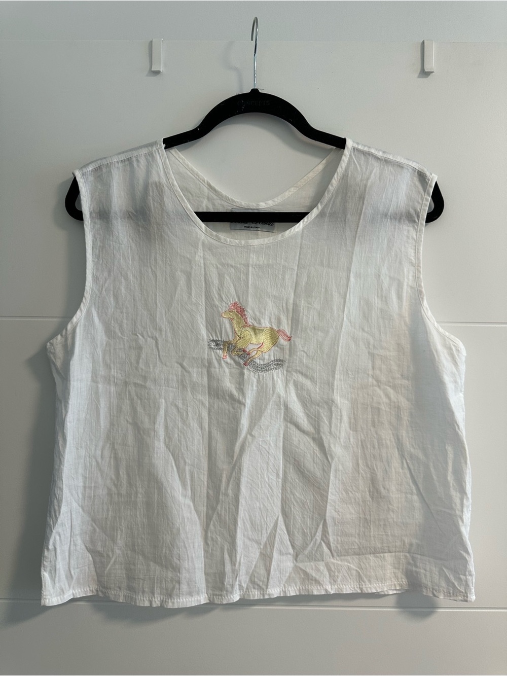 Mara Rivelli Vintage Cotton Sleeveless Blouse with Horse Embroidery